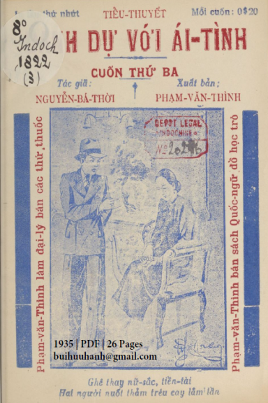 Danh Dự Với Ái Tình Cuốn 3 (NXB Man Sanh 1935) - Nguyễn Bá Thời, 26 Trang