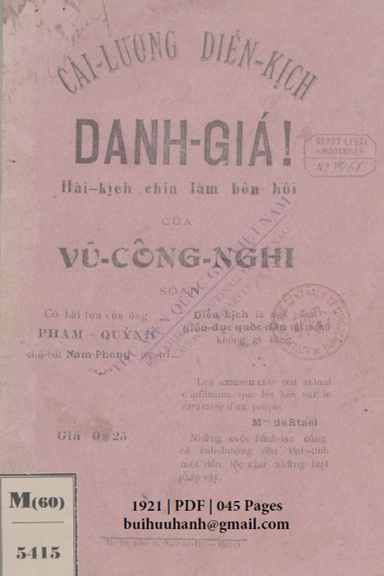 Danh Giá! Hài Kịch Chia Làm Bốn Hồi (NXB Ngô Tử Hạ 1921) - Vũ Công Nghi, 45 Trang