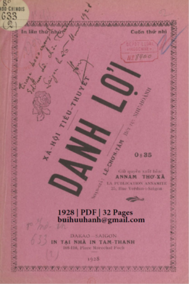 Danh Lợi Cuốn 2 (NXB Tam Thanh 1928) - Lê Chơn Tâm, 32 Trang