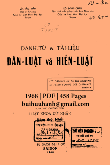 Danh Từ Và Tài Liệu Dân Luật Và Hiến Luật (NXB Sài Gòn 1968) - Vũ Văn Mẫu, 458 Trang