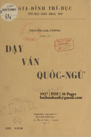 Dạy Vần Quốc Ngữ (NXB Mạc Đình Tư 1927) - Nguyễn Gia Tường, 36 Trang