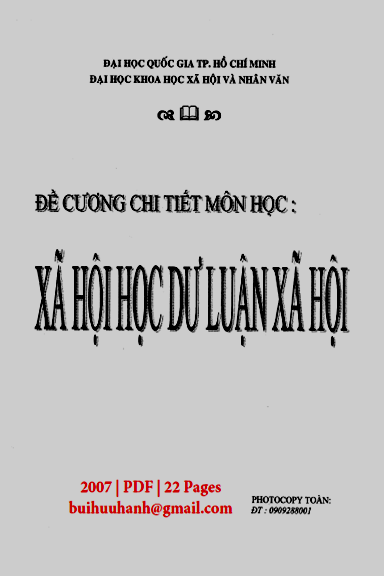 Đề Cương Chi Tiết Môn Học Xã Hội Học Dư Luận Xã Hội (NXB Đại Học Quốc Gia 2007) - Nhiều Tác Giả