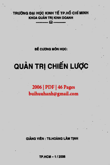 Đề Cương Môn Học Quản Trị Chiến Lược (NXB Đại Học Kinh Tế 2006) - Hoàng Lâm Tịnh, 46 Trang