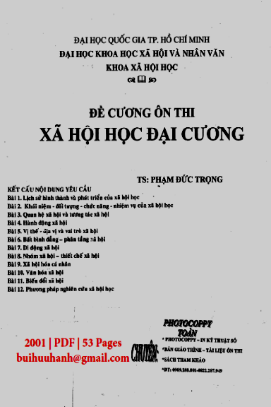 Đề Cương Ôn Thi Xã Hội Học Đại Cương (NXB Đại Học Quốc Gia 2001) - Phạm Đức Trọng, 53 Trang