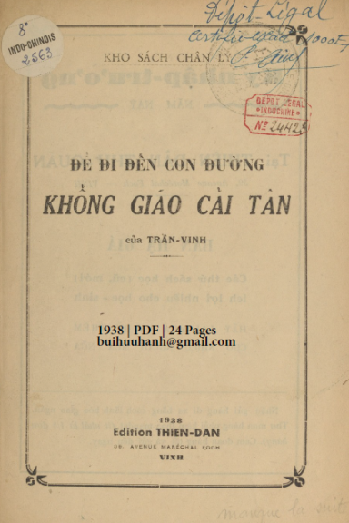 Để Đi Đến Con Đường Khổng Giáo Cải Tân (NXB Thiên Dân 1938) - Trần Vinh, 24 Trang