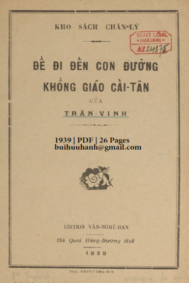 Để Đi Đến Con Đường Khổng Giáo Cải Tân (NXB Văn Nghệ Ban 1939) - Trần Vinh, 26 Trang