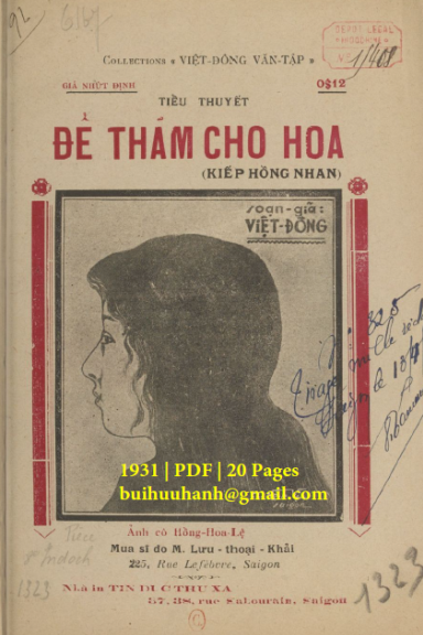 Để Thãm Cho Hoa (NXB Tín Đức Thư Xã 1931) - Việt Đông, 20 Trang