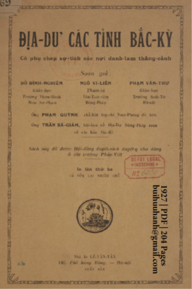 Địa Dư Các Tỉnh Bắc Kỳ (NXB Lê Văn Tân 1927) - Đỗ Đình Nghiêm, 204 Trang