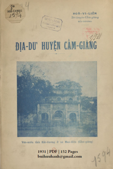 Địa Dư Huyện Cẩm Giàng (NXB Lê Văn Tân 1931) - Ngô Vi Liễn, 152 Trang