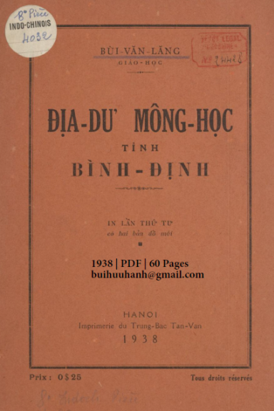 Địa Dư Mông Học Tỉnh Bình Định (NXB Trung Bắc Tân Văn 1938) - Bùi Văn Lăng, 60 Trang
