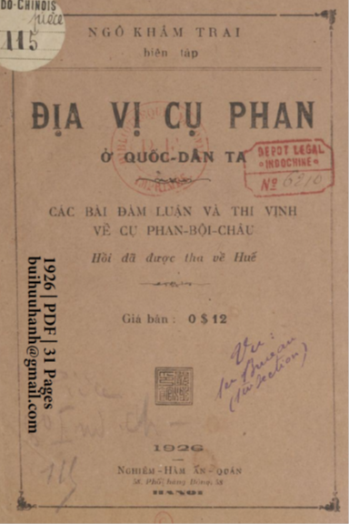 Địa Vị Cụ Phan Ở Quốc Dân Ta (NXB Nghiêm Hàm 1926) - Ngô Khâm Trai, 31 Trang