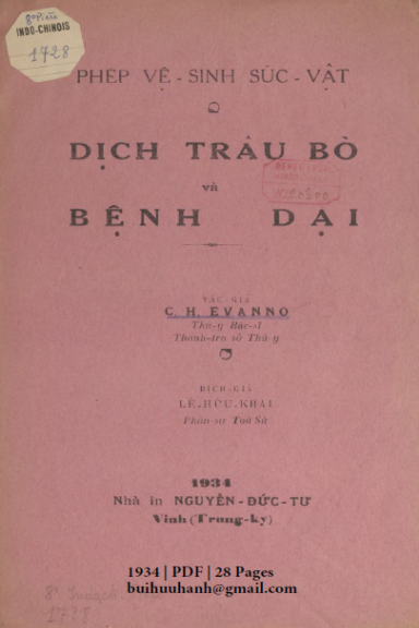 Dịch Trâu Bò Và Bệnh Dại (NXB Nguyễn Đức Tư 1934) - CH. Evanno, 28 Trang