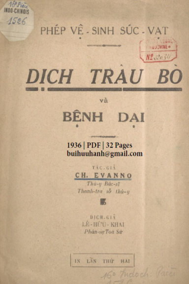 Dịch Trâu Bò Và Bệnh Dại (NXB Nguyễn Đức Tư 1936) - CH. Evanno, 32 Trang