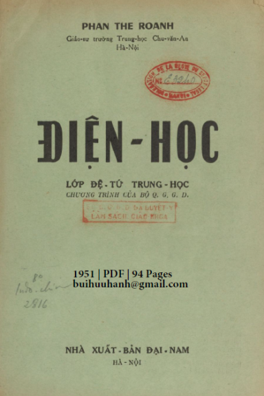Điện Học Lớp Đệ Tứ Trung Học (NXB Đại Nam 1951) - Phan Thê Roanh, 94 Trang