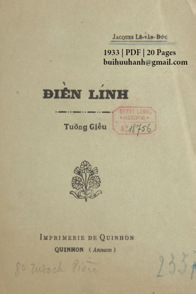 Điền Lính (NXB Qui Nhơn 1933) - Lê Văn Đức, 20 Trang