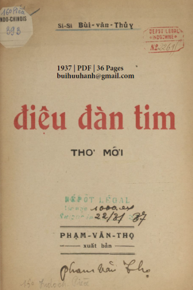 Điệu Đàn Tim (NXB Phạm Văn Thọ 1937) - Bùi Văn Thủy, 36 Trang