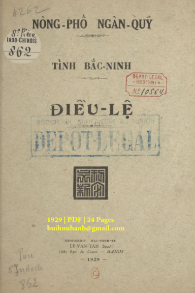 Điều Lệ Nông Phố Ngân Quỹ Tỉnh Bắc Ninh (NXB Mạc Đình Tư 1929) - Nhiều Tác Giả, 24 Trang