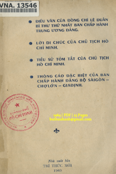 Điếu Văn Của Đồng Chí Lê Duẩn (NXB Tri Thức Mới 1969) - Lê Duẩn, 23 Trang