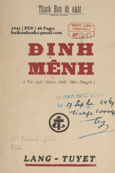 Định Mệnh (NXB Lăng Tuyết 1941) - Thạch Hãn, 48 Trang