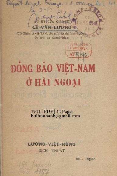 Đồng Bào Việt Nam Ở Hải Ngoại (NXB Thụy Ký 1941) - Lê Văn Lương, 44 Trang