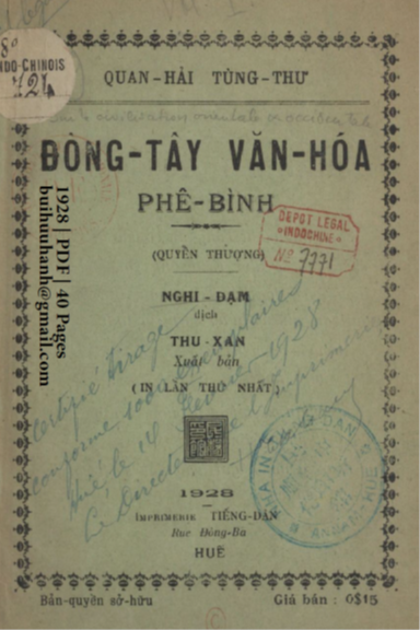 Đông Tây Văn Hóa Phê Bình Quyển Thượng (NXB Tiếng Dân 1928) - Nghi Đạm, 40 Trang