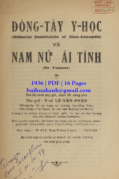 Đông Tây Y Học Và Nam Nữ Ái Tình Cuốn 1 (NXB Đức Lưu Phương 1936) - Lê Văn Phấn, 16 Trang