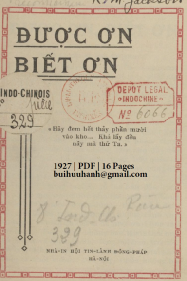 Được Ơn Biết Ơn (NXB Tin Lành 1927) - Nhiều Tác Giả, 16 Trang