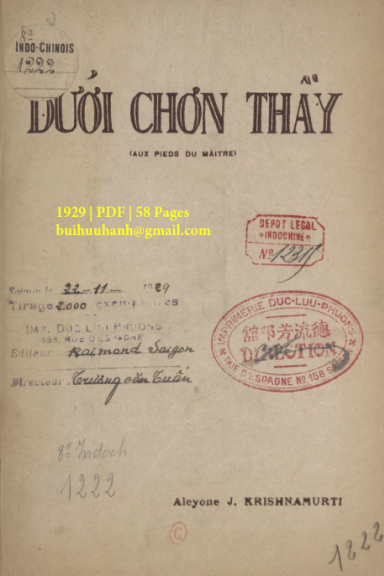 Dưới Chơn Thầy (NXB Đức Lưu Phương 1929) - Alcyone J. Krishnamurti, 58 Trang