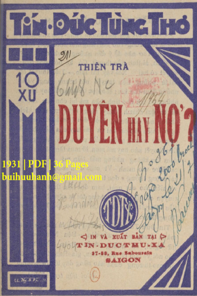 Duyên Hay Nợ (NXB Tín Đức Thư Xã 1931) - Thiên Trà, 36 Trang