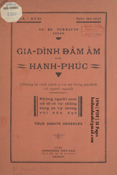 Gia Đình Đầm Ấm Và Hạnh Phúc (NXB Việt Nam 1936) - K. B. Nhơn, 28 Trang