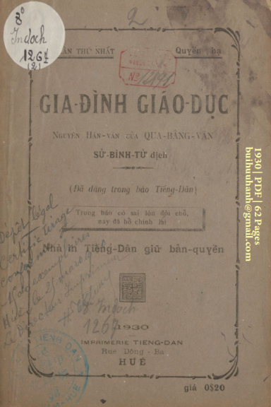 Gia Đình Giáo Dục Quyển Hạ (NXB Tiếng Dân 1930) - Qua Bằng Vân, 62 Trang