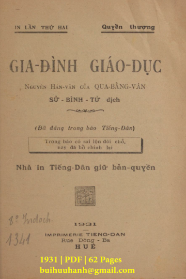 Gia Đình Giáo Dục Quyển Thượng (NXB Tiếng Dân 1931) - Qua Bằng Vân, 62 Trang