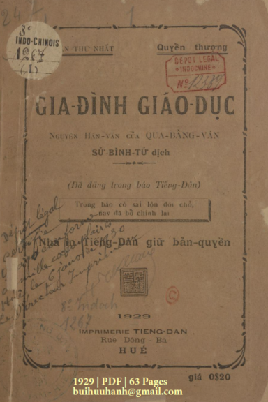 Gia Đình Giáo Dục Quyển Thượng (NXB Tiếng Dân 1929) - Qua Bằng Vân, 63 Trang