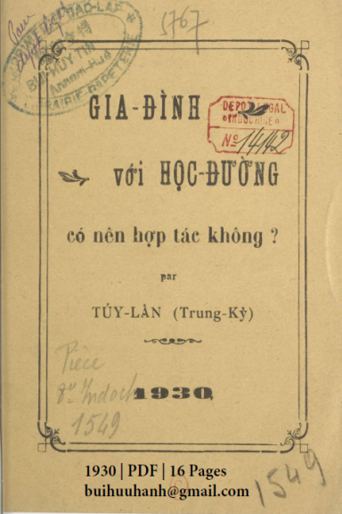 Gia Đình Với Học Đường Có Nên Hợp Tác Không (NXB Đắc Lập 1930) - Túy Lân, 16 Trang
