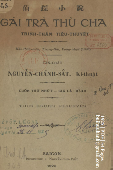 Giá Trả Thù Cha Cuốn 1 (NXB Nguyễn Văn Viết 1925) - Nguyễn Chánh Sắt, 54 Trang
