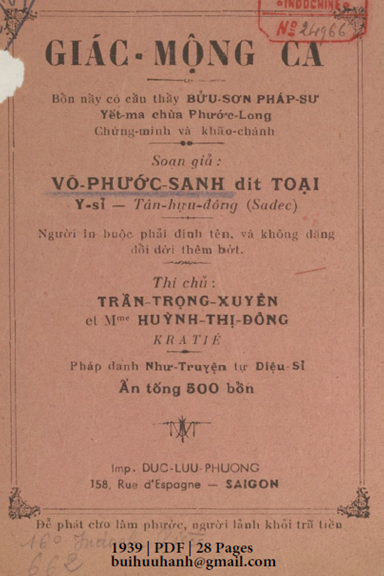 Giác Mộng Ca (NXB Đức Lưu Phương 1939) - Vỏ Phước Sanh, 28 Trang