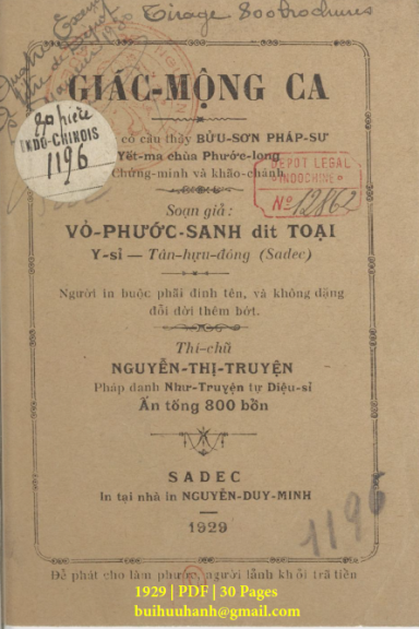 Giấc Mộng Ca (NXB Nguyễn Duy Minh 1929) - Vỏ Phước Sanh, 30 Trang