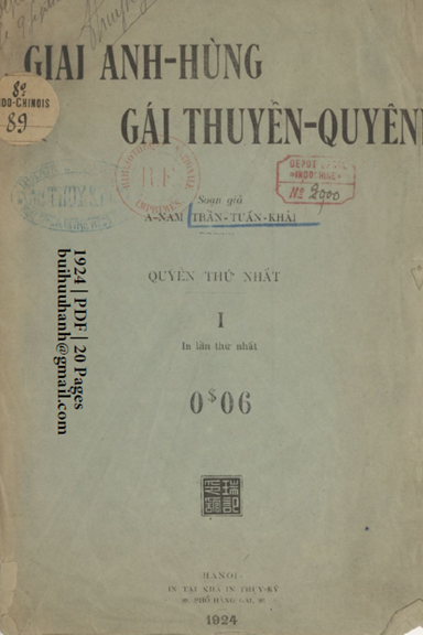 Giai Anh Hùng Gái Thuyền Quyên Quyển 1 (NXB Thụy Ký 1924) - Trần Tuấn Khải, 20 Trang