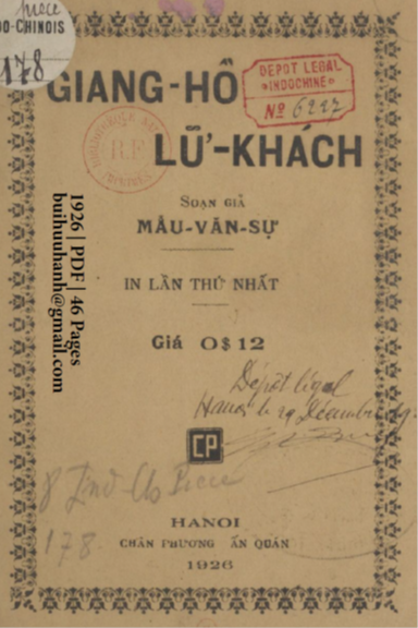 Giang Hồ Lữ Khách (NXB Chân Phương 1926) - Mẫu Văn Sự, 46 Trang