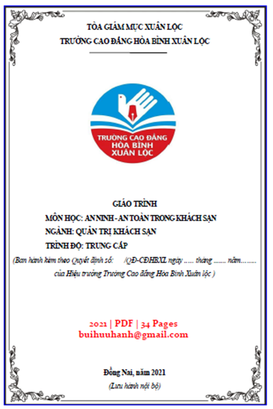 Giáo Trình An Ninh An Toàn Trong Khách Sạn (NXB Đồng Nai 2021) - Nguyễn Xuân Khuê, 34 Trang