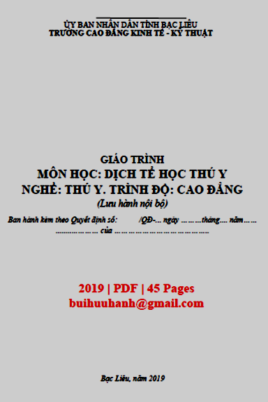 Giáo Trình Dịch Tể Học Thú Y (NXB Bạc Liêu 2019) - Nhiều Tác Giả, 45 Trang