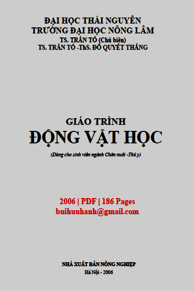 Giáo Trình Động Vật Học (NXB Nông Nghiệp 2006) - Trần Tố, 186 Trang