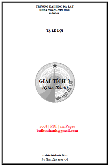 Giáo Trình Giải Tích 1 (NXB Đà Lạt 2008) - Tạ Lê Lợi, 114 Trang