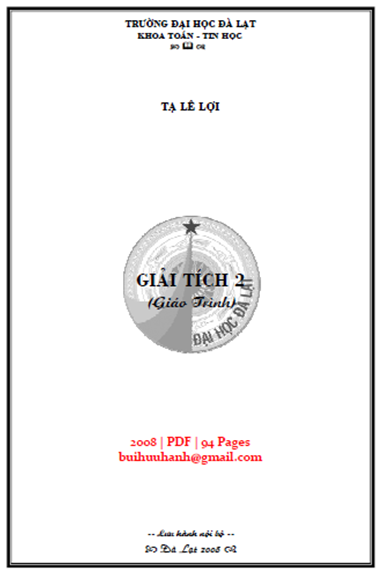 Giáo Trình Giải Tích 2 (NXB Đà Lạt 2008) - Tạ Lê Lợi, 94 Trang