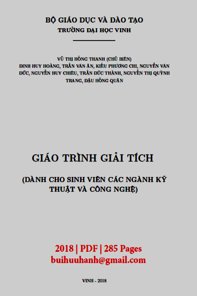 Giáo Trình Giải Tích (NXB Đại Học Vinh 2018) - Vũ Thị Hồng Thanh, 285 Trang