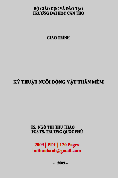 Giáo Trình Kỹ Thuật Nuôi Động Vật Thân Mềm (NXB Đại Học Cần Thơ 2009) - Ngô Thị Thu Thảo, 120 Trang