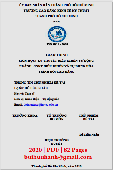 Giáo Trình Lý Thuyết Điều Khiển Tự Động (NXB Kinh Tế Kỹ Thuật 2020) - Đỗ Hữu Nhân, 82 Trang