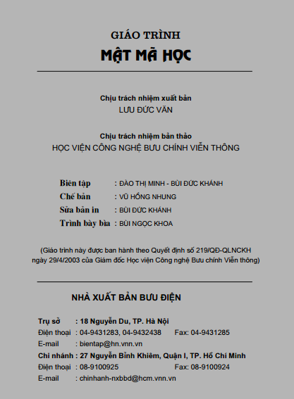 Giáo Trình Mật Mã Học (NXB Bưu Điện 2004) - Nguyễn Bình, 325 Trang