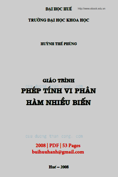 Giáo Trình Phép Tính Vi Phân Hàm Nhiều Biến (NXB Đại Học Huế 2008) - Huỳnh Thế Phùng, 53 Trang