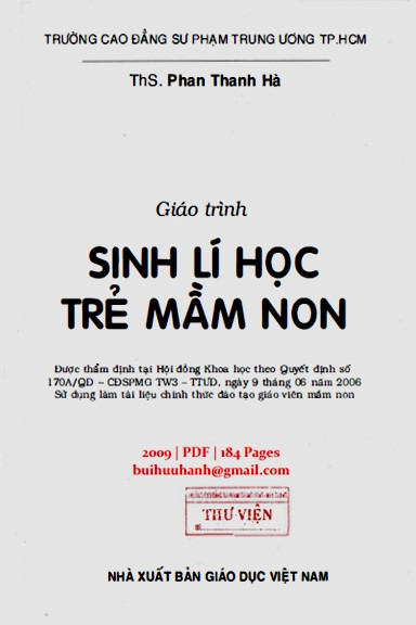 Giáo Trình Sinh Lí Học Trẻ Mầm Non (NXB Giáo Dục 2009) - Phan Thanh Hà, 184 Trang
